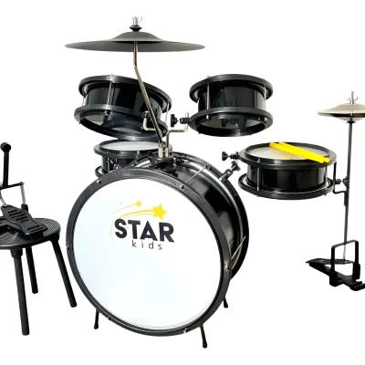 BATERIA INFANTIL STAR KIDS 05 PECAS ALUMISTEEL E P.S. PINT ELETRO PRETO BRILHANTE ARO NYLON PELE LEITOSA - INFANTIL